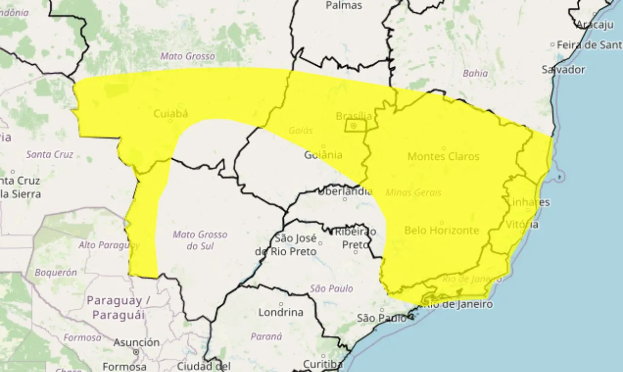 o mapa mostra as áreas com risco de temporais e ventos